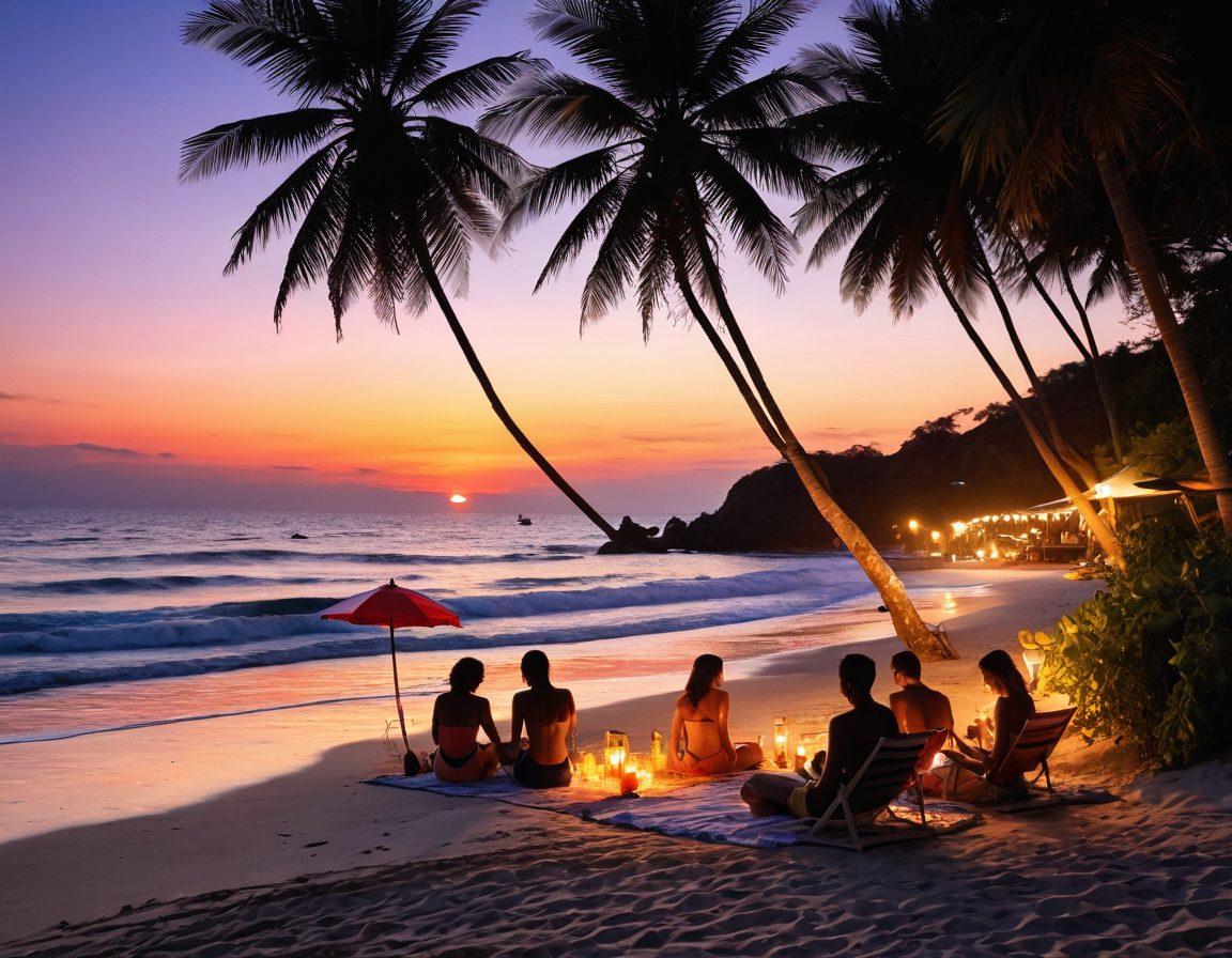 A serene beach scene at sunset, showcasing a diverse group of individuals in stylish summer swimwear, gracefully embracing the melancholy mood. Soft waves lap at the shore, while vibrant beach umbrellas and tropical foliage create a lush backdrop. The colors are warm and inviting, evoking nostalgia and longing for summer days. Include elements like floating lanterns or gentle rain, symbolizing an escape into tranquility. super-realistic. vibrant colors.