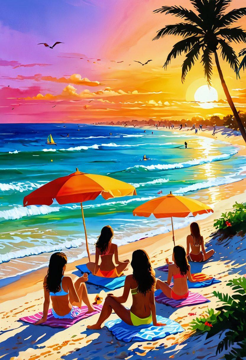 A serene beach scene showcasing colorful bikinis on sunbathers, vibrant beach umbrellas swaying with a gentle breeze, and a picturesque sunset casting warm golden hues across the ocean waves. The image captures laughter and joy, with distant beachgoers playing frisbee and children building sandcastles. Elements of summer like seashells and palm trees add to the atmosphere. painting. vibrant colors. warm tones.